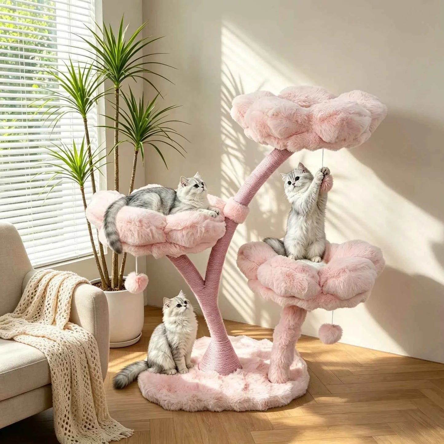 105cm Tall Cat Tree Pink Vertical Cat Tower Activity Center for Cats Cushioned Flower Platforms, Dangling Ball Scratching Posts Pet House Furniture