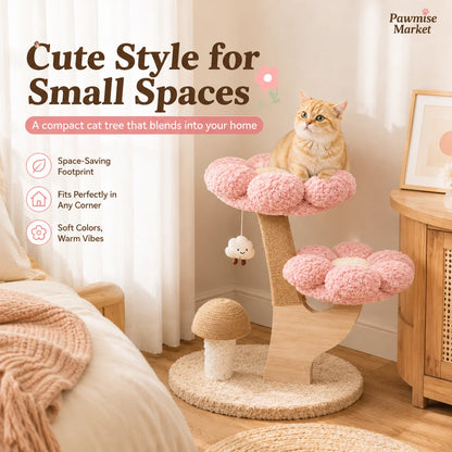 28.35-Inch Flower Cat Tree for Indoor Cats, 2-Tier Pink Plush Cat Tower with Sisal Scratching Post, Mushroom Scratcher and Hanging Cloud Toy, Compact Activity Center for Kittens and Small Cats