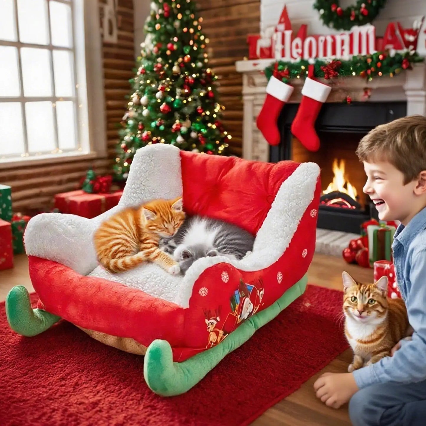 Christmas Sleigh Dog Bed Festive Plush Cozy Nest Insulated Winter Accessories Dog Houses Supplies Habitats Basket House Beds