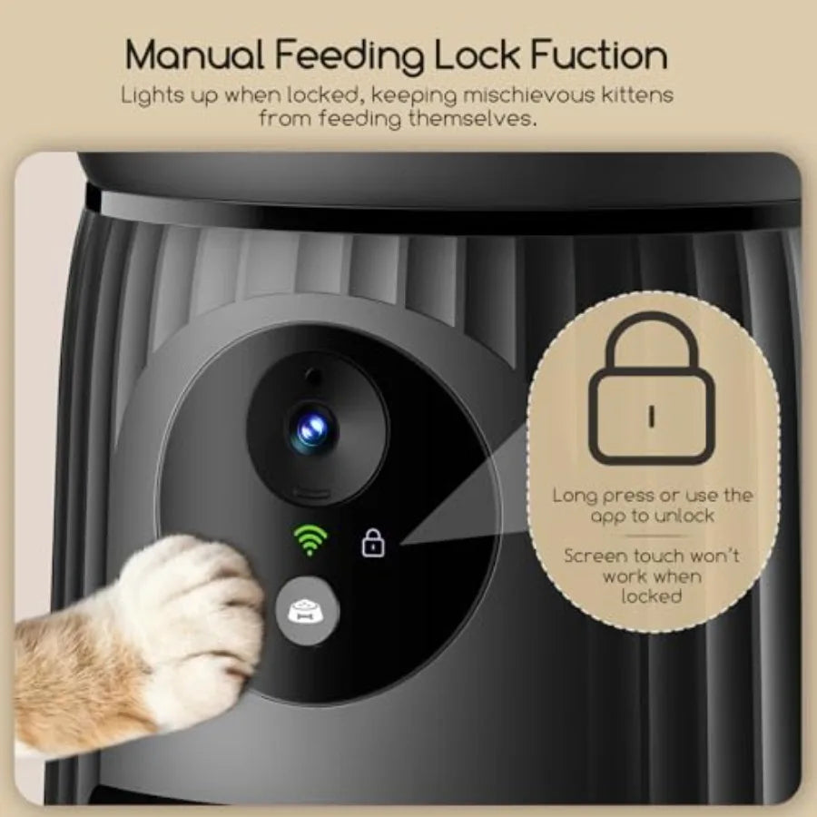 Automatic cat feeder with camera for home use ABS plastic black 1080P HD video with night vision 5G WiFi APP control 2-way audi