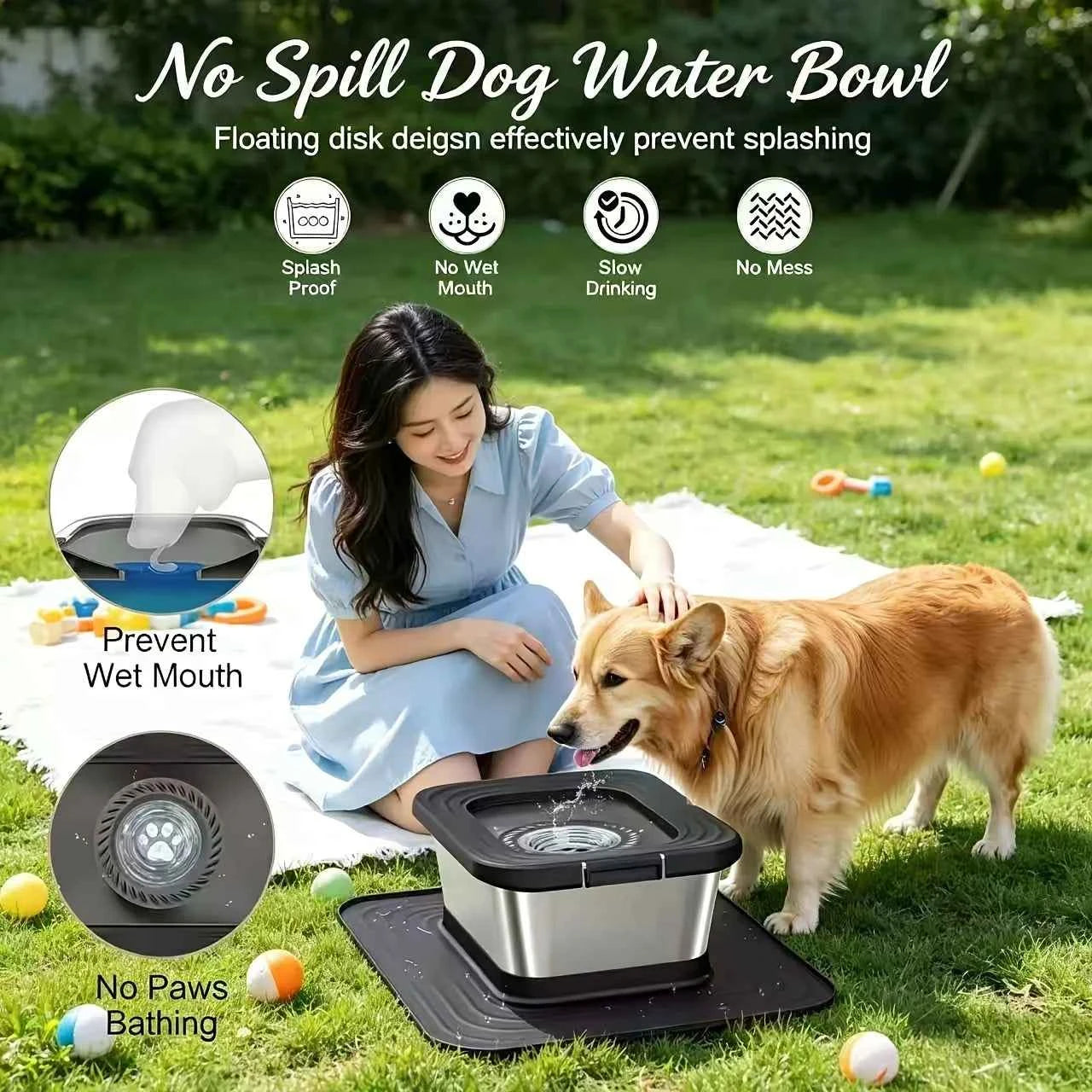 2.64gal Stainless Steel Dog Water Bowl, No Spill Anti-Splash Dog Bowls with XXL Mat, Spill-Proof Slow Feeder for Messy Drinkers, Heavy Duty Pet Bowls for Indoor/Outdoor Use, Black