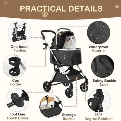 Portable Lightweight Pet Stroller for Medium Dogs - Smooth-Ride 4-in-1 Car Seat Combo with Detachable Carrier Rubber Wheels Quick-Folding for Seniors Cats
