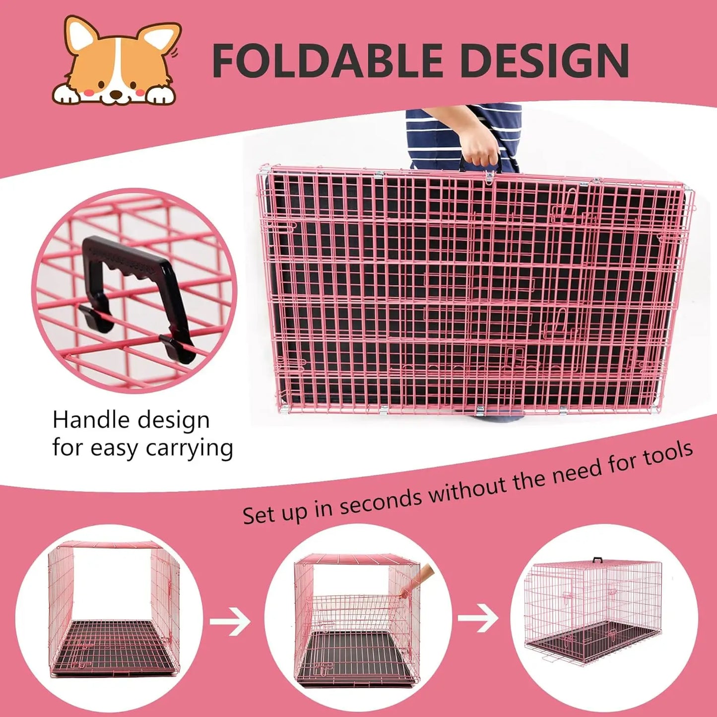 Extra Large Dog Crate with Double Door, 48 Inch Folding Metal Wire Cage, Removable Tray & Divider Panel for Large Dogs in Pink
