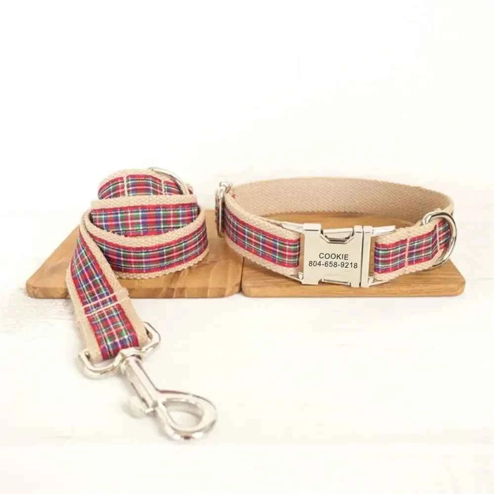 Free Engraving Personalized Dog Collar Matching Leashes Customzied Contacts Adjustable Red Plaid Pet Collar