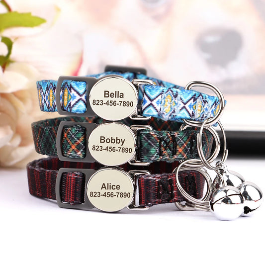 Quick-Release Personalised Nylon Cat Collar – Breakaway Kitten Necklace with Bell & Free Engraving (Red, Green, Blue) - Bdba PK