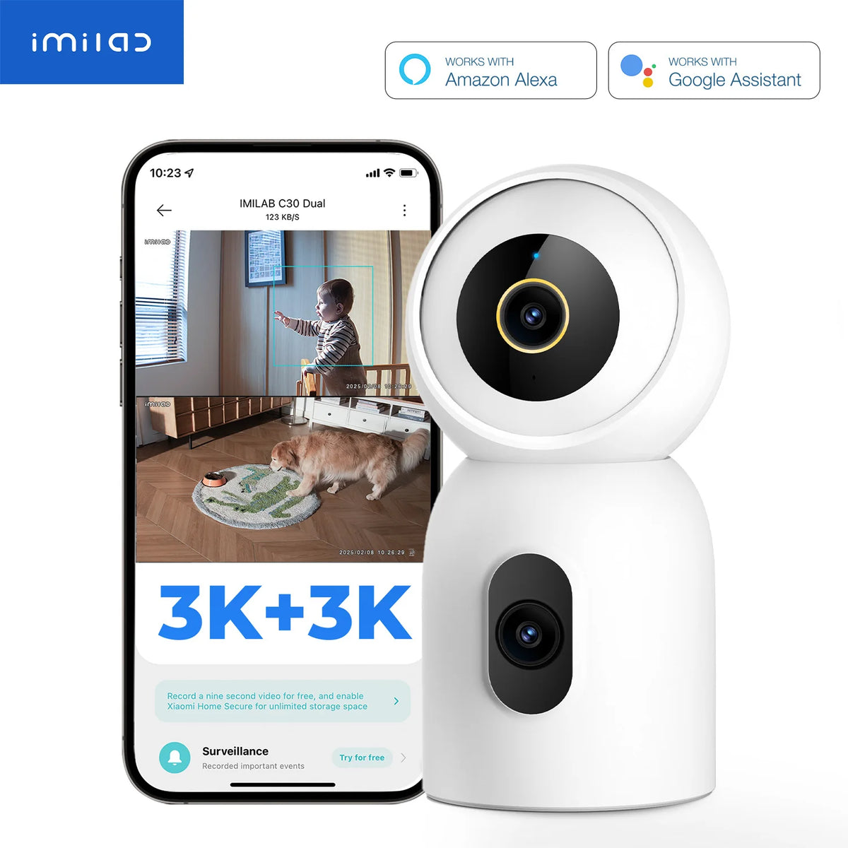 IMILAB New Indoor Camera C30 Dual 3K Lens WiFi 6 5G 360° PTZ Local AI Detection for Baby/Pet/Noise Night Vision Human Tracking