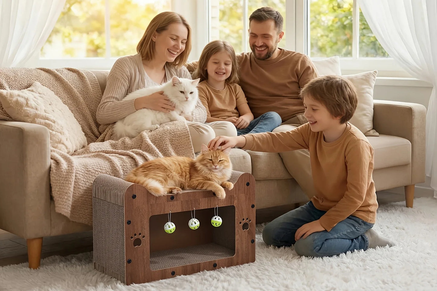 Walnut Cat Scratching House, Durable Cardboard Scratcher & House for Indoor Cats, Multi-Functional Hideout for Scratching, Playing & Resting, Easy to Assemble.