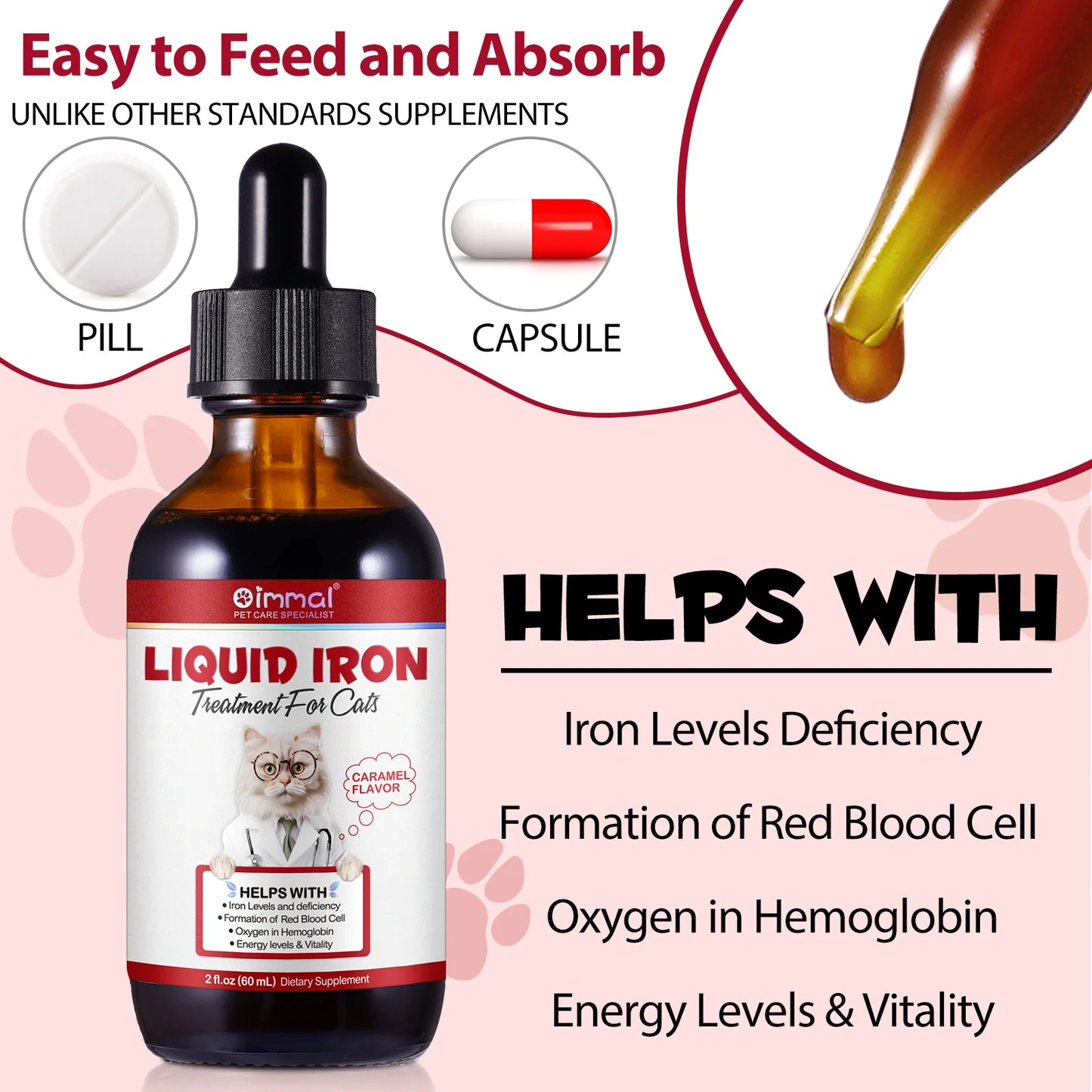 AEVYVKV Liquid Iron Supplement for Cats – Caramel Flavour Treatment for Iron Deficiency & Red Blood Cell Support - Bdba PK