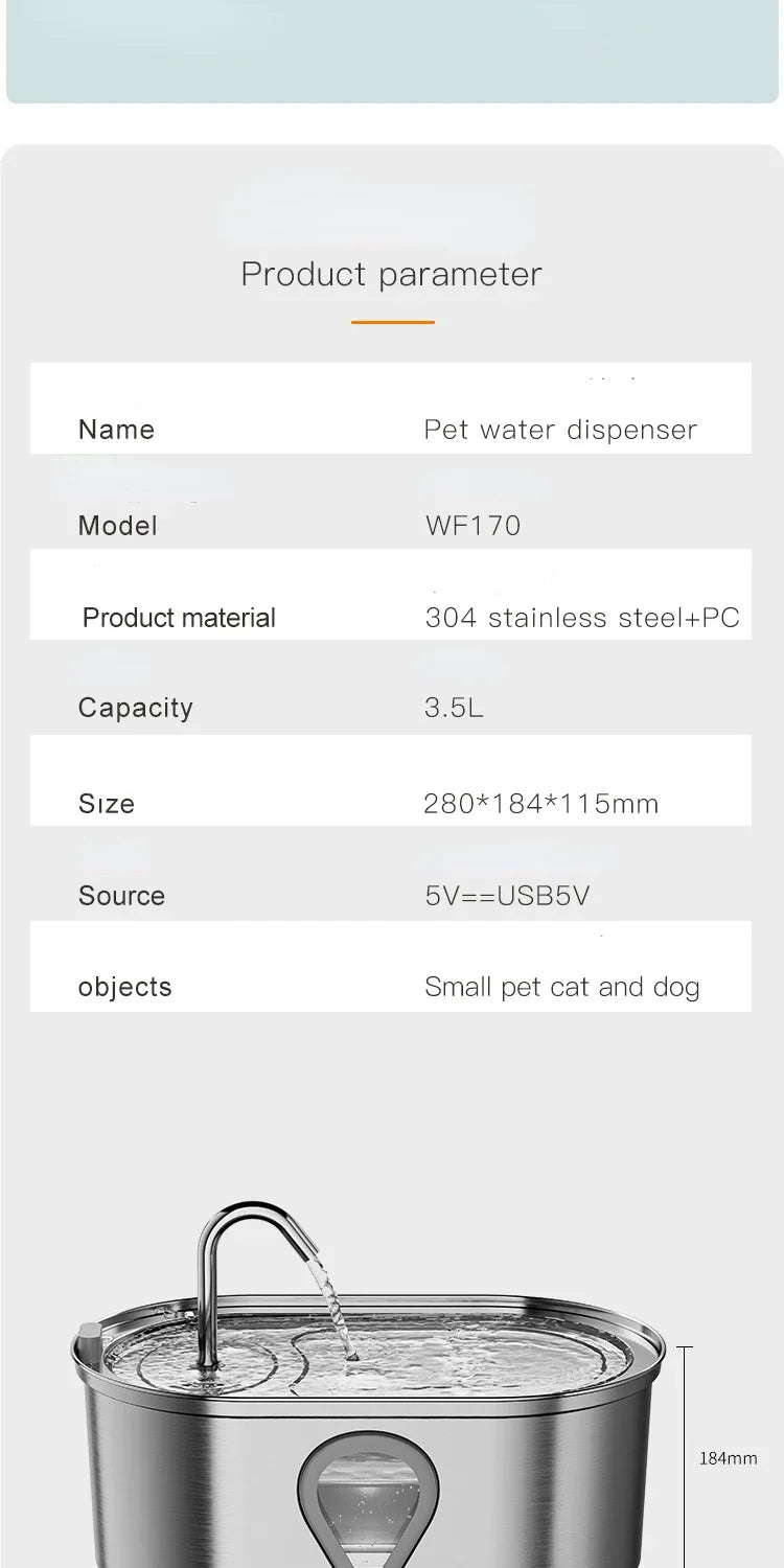 3.5L Stainless Steel Cat Water Fountain with Water Level Window Pet Fountain Cat Dog Water Dispenser for Multiple Cats Fountain - Bdba PK