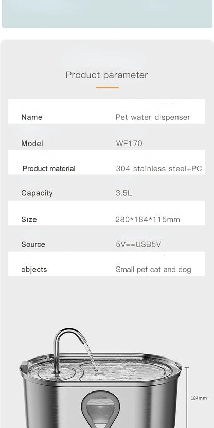 3.5L Stainless Steel Cat Water Fountain with Water Level Window Pet Fountain Cat Dog Water Dispenser for Multiple Cats Fountain - Bdba PK