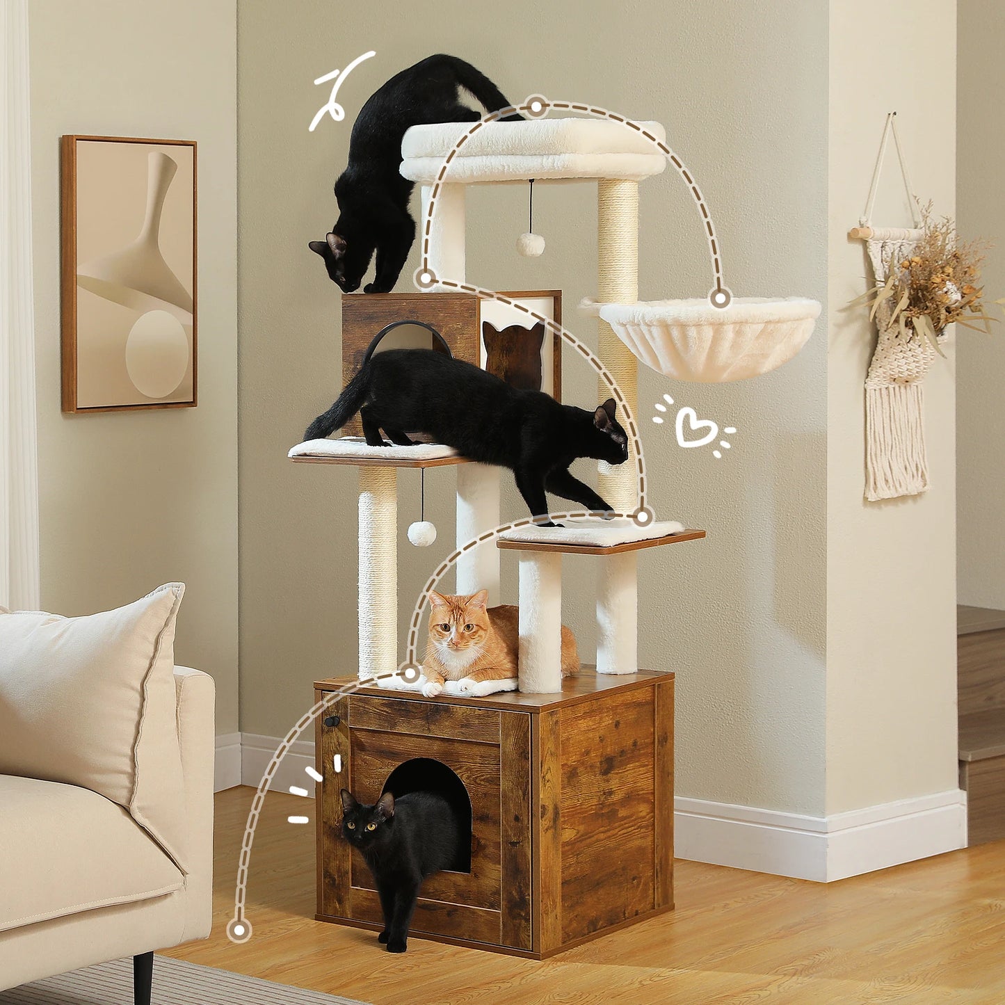 Wood Cat Tree with Storage Cabinet Sisal Scratching Posts Cozy Condo Hammock Dangling Balls Large Cat Tower for Indoor Pet Furniture Cat Toys