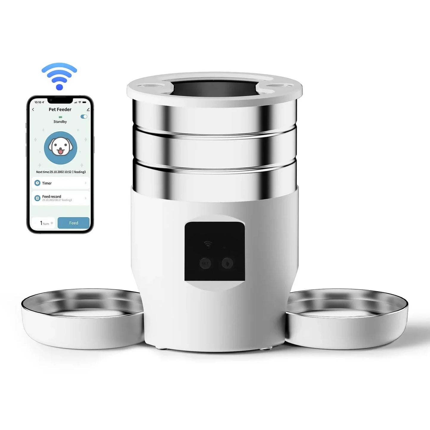 4.5L Intelligent Pet Feeder With Two Stainless Steel Bowls Button & WiFi APP Control Cat/Dogs Timed Food Automatic Dispenser