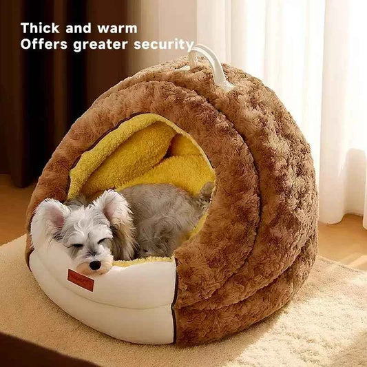 HOOPET Winter Dog Bed with Roof, Semi-Enclosed Warm House & Soft Pad, Plush Security Feeling Comfort Pet Nest for Small Dogs