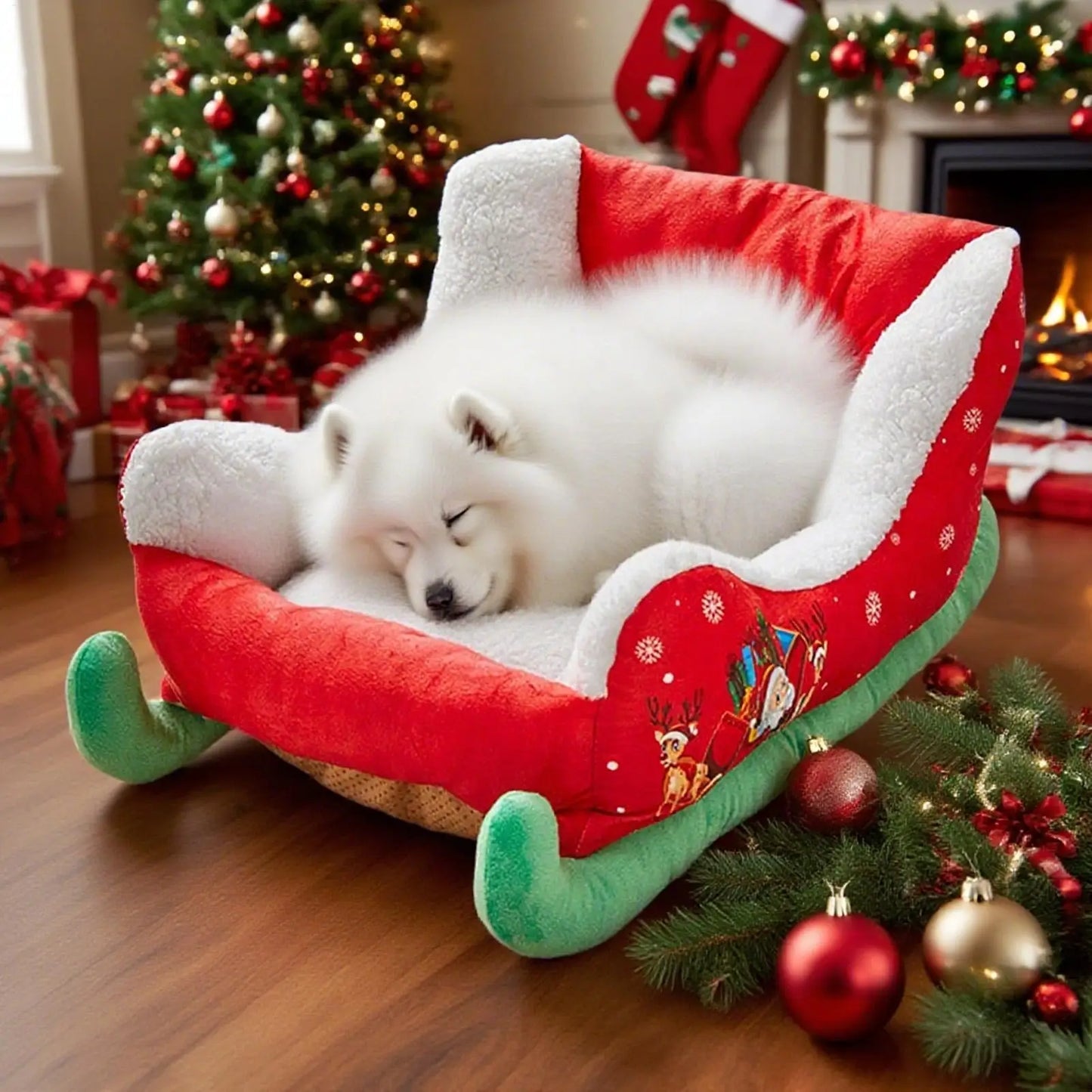 Christmas Sleigh Dog Bed Festive Plush Cozy Nest Insulated Winter Accessories Dog Houses Supplies Habitats Basket House Beds