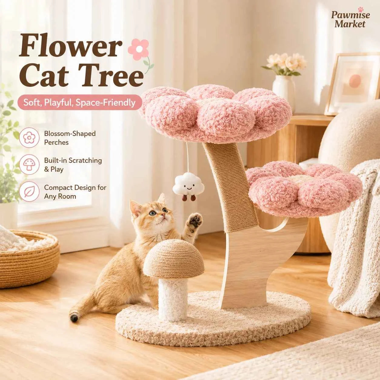 28.35-Inch Flower Cat Tree for Indoor Cats, 2-Tier Pink Plush Cat Tower with Sisal Scratching Post, Mushroom Scratcher and Hanging Cloud Toy, Compact Activity Center for Kittens and Small Cats