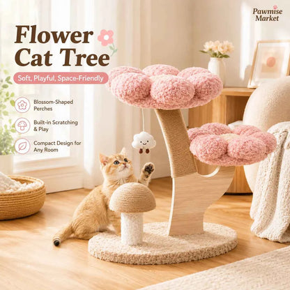 28.35-Inch Flower Cat Tree for Indoor Cats, 2-Tier Pink Plush Cat Tower with Sisal Scratching Post, Mushroom Scratcher and Hanging Cloud Toy, Compact Activity Center for Kittens and Small Cats