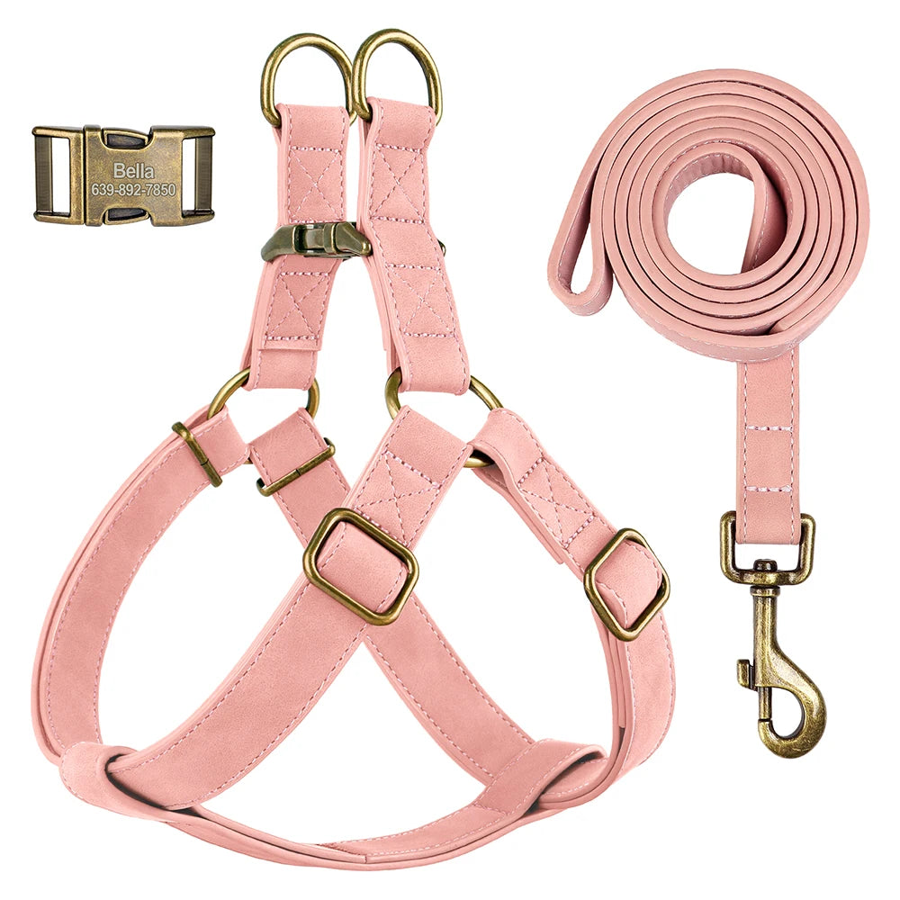 Free Personalized Dog Harness Leash Set PU Leather Dogs Harness Engraved ID Buckle Necklace for Small Medium Large Dogs Pitbull