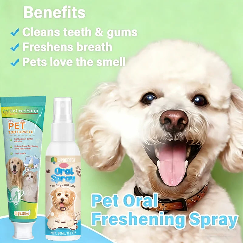 Pet cleaning toothpaste and mouth spray, suitable for cats and dogs, removes tartar, cleans pet teeth, easy to use.