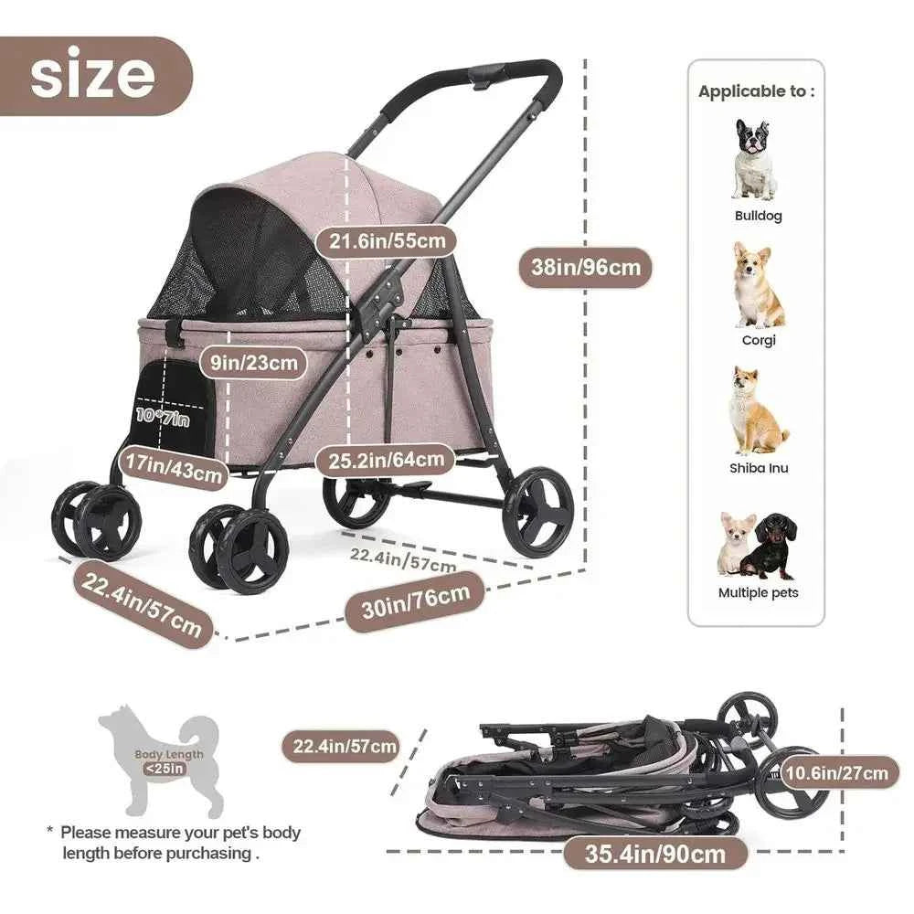 Double Decker Pet Stroller with 4 Heavy-Duty Wheels and Adjustable Handle for Small to Medium Dogs