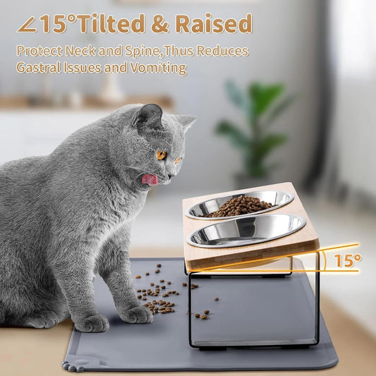 Elevated Cat Bowls with Food Mat 15° Tilted Stand Anti Vomiting Raised Cat Dishes with Silicone Pad for Food and Water for Cats - Bdba PK