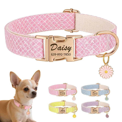 Bling Nylon Custom Dog Collar Cute Flower Tag Dog Collars Engraving Pet Name ID Buckle Necklace For Small Large Dogs Chihuahua