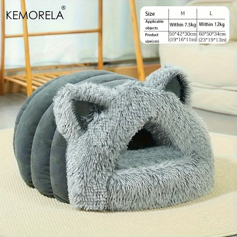 KEMORELA Plush Cat Ears Big Collar Pet Nest Cat Bed For Indoor Cats Thickened Pet Bed Cat House For Autumn And Winter Seasons