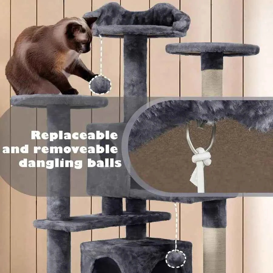 54 Inch Multi-Level Cat Tree With 2 Cozy Caves, Scratching Posts, Climbing Ramp, And Plush Balls, Dark Gray