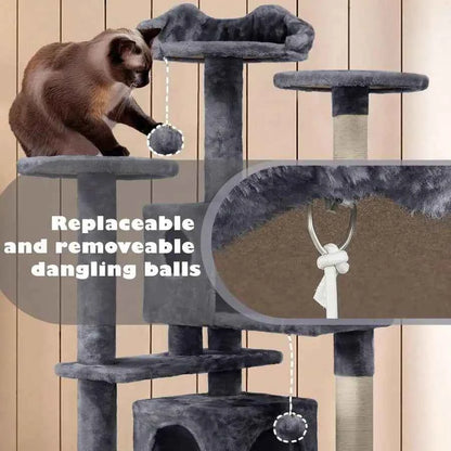 54 Inch Multi-Level Cat Tree With 2 Cozy Caves, Scratching Posts, Climbing Ramp, And Plush Balls, Dark Gray