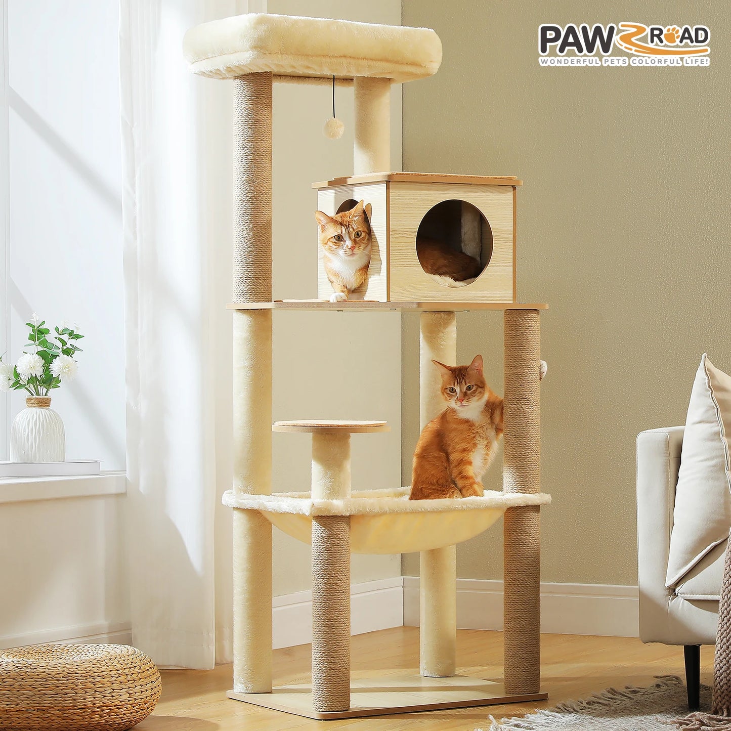 Wood Cat Tree with Sisal Scratching Posts Large Hammock Cozy Condo Bed Multi-Level Cat Tower for Indoor Cats Furniture Cat Toys