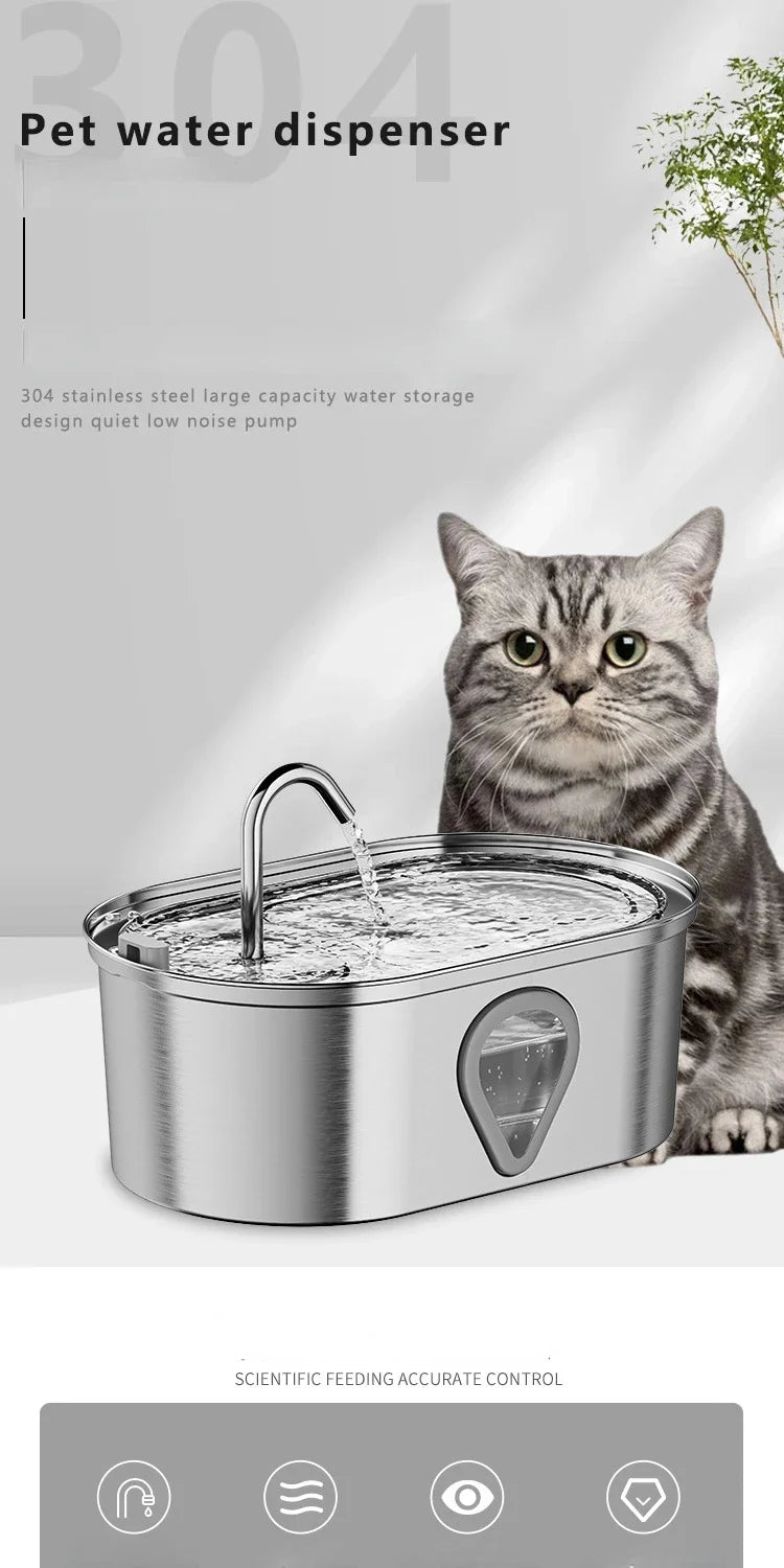3.5L Stainless Steel Cat Water Fountain with Water Level Window Pet Fountain Cat Dog Water Dispenser for Multiple Cats Fountain - Bdba PK
