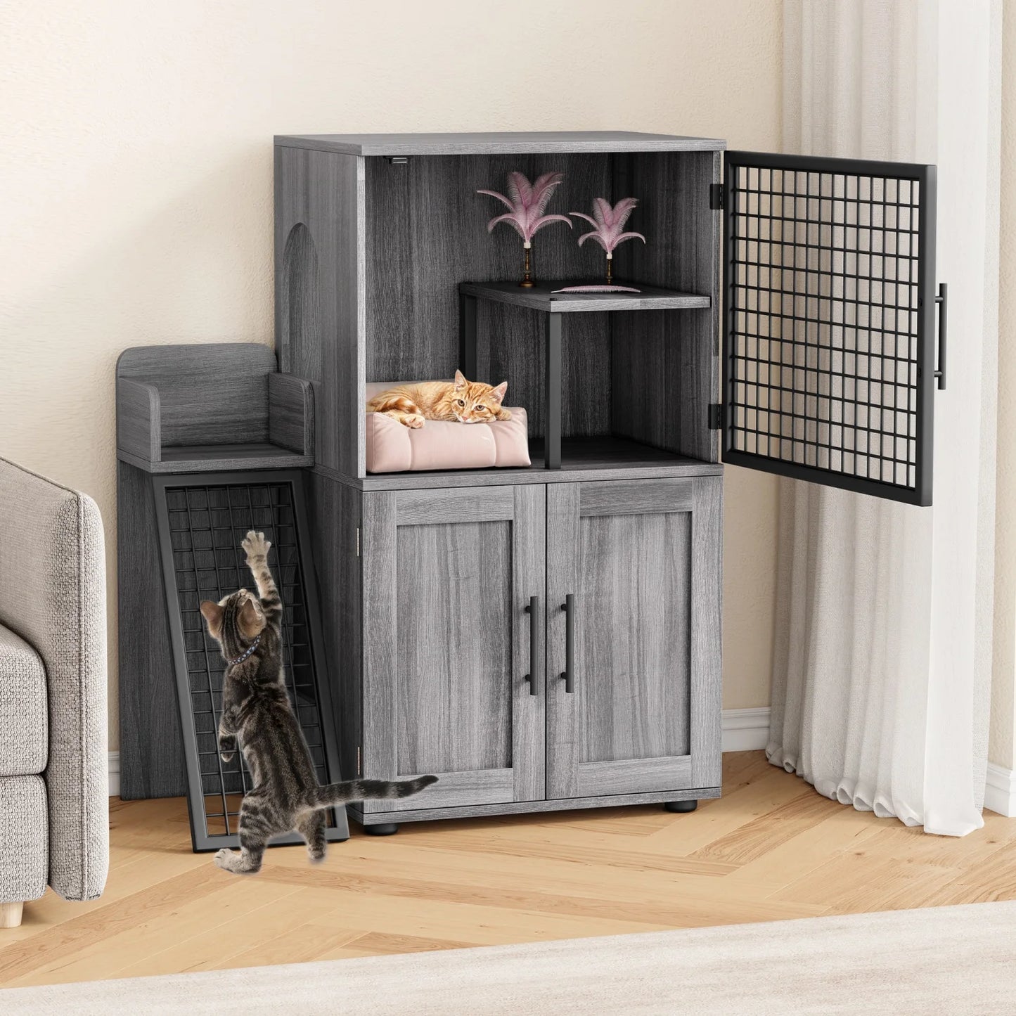 HiMISS Cat Litter Box Enclosure with Platform – Double Layer Hidden Furniture Washroom with Ladder - Bdba PK