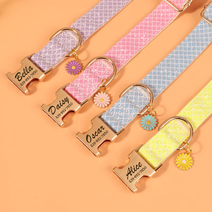 Bling Nylon Custom Dog Collar Cute Flower Tag Dog Collars Engraving Pet Name ID Buckle Necklace For Small Large Dogs Chihuahua