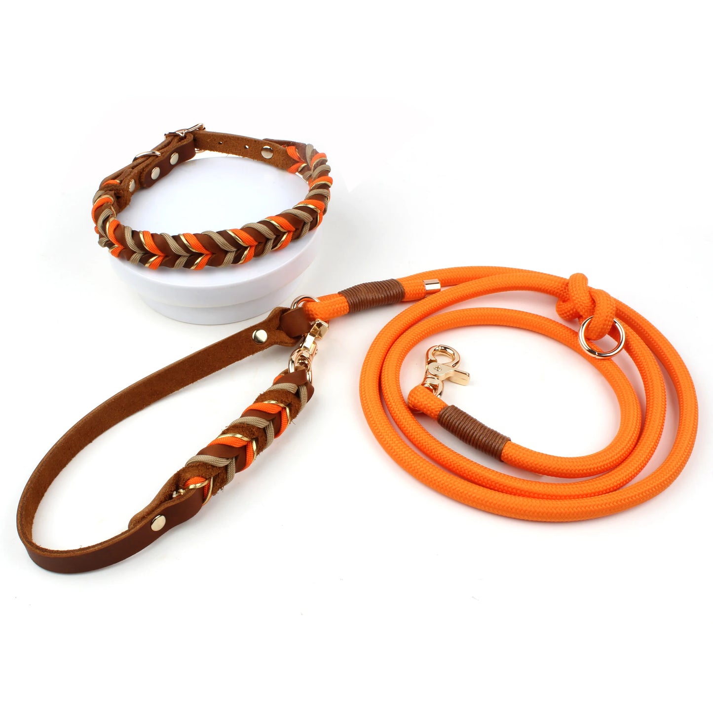 Brown Leather Dog Collar And Leashes Suit Woven Patterns Beautiful Durable Nylon Orange Colors Rope Hand Free Design 2026 New