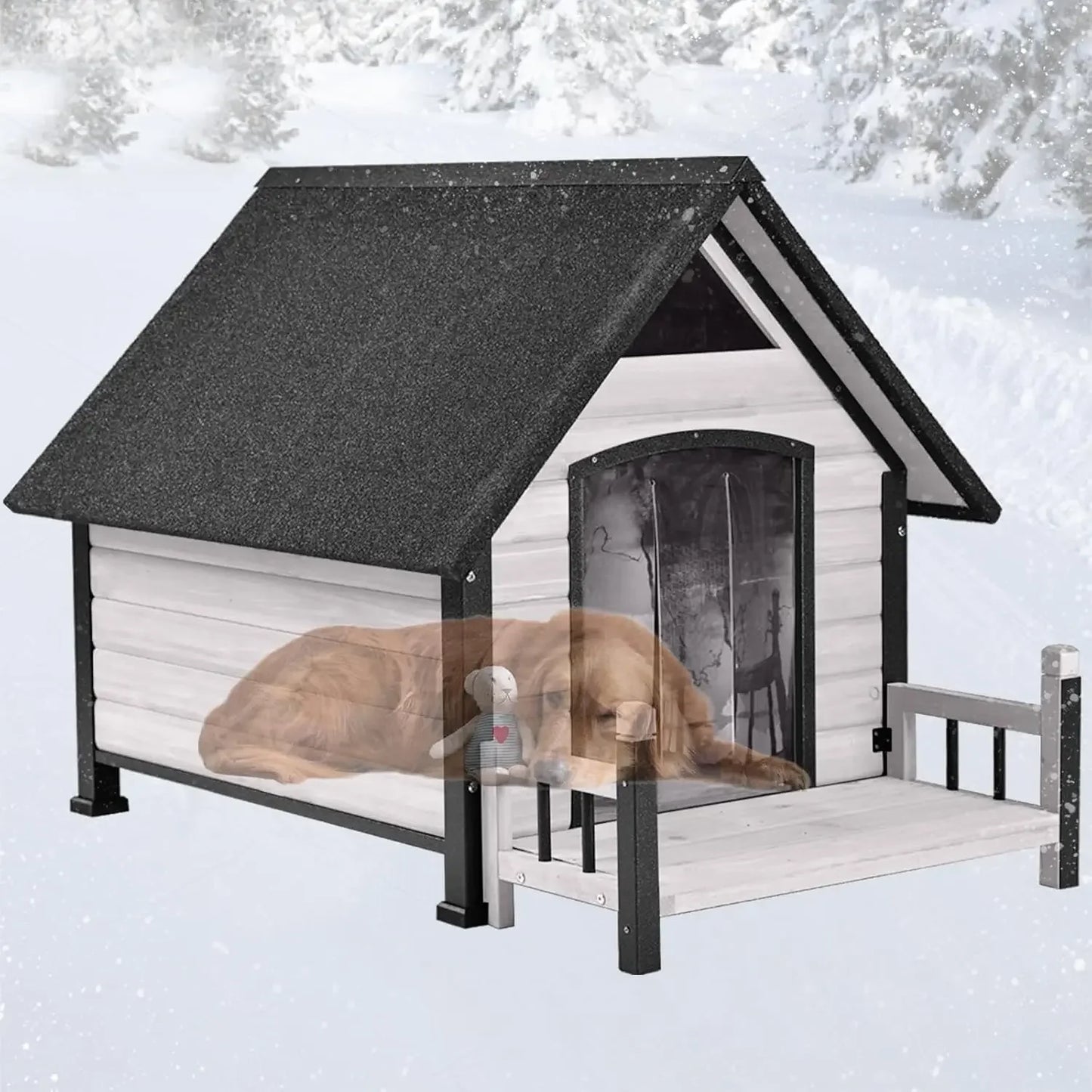 Weatherproof Outdoor Dog House for Large Breeds – Wood & Anti-Chew Iron Frame