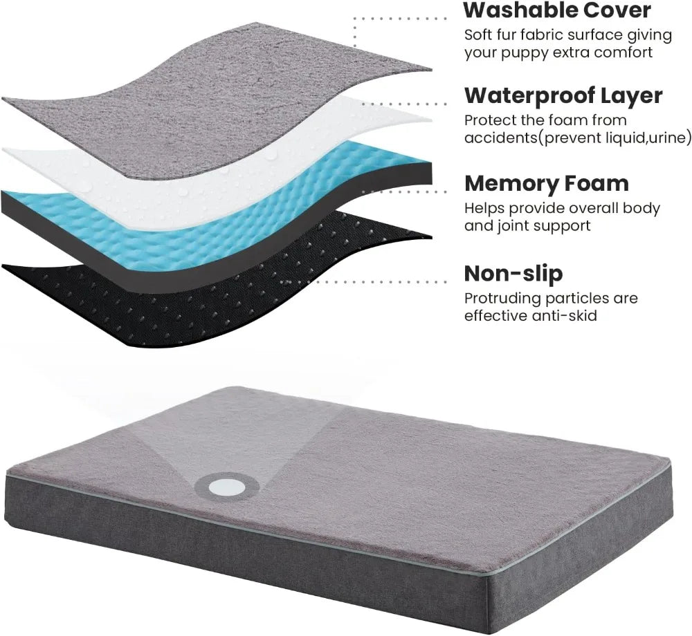 Orthopedic Memory Foam Dog Bed, Cooling Gel Crate Mat for Large Dogs, Washable Cover & Non-Slip Bottom, 50"x34"x5" Grey