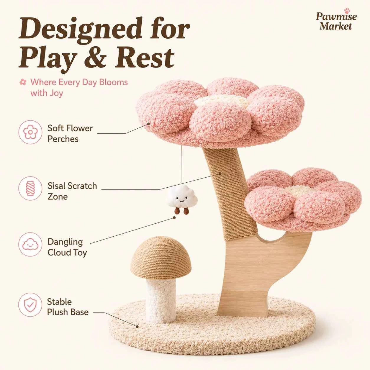 28.35-Inch Flower Cat Tree for Indoor Cats, 2-Tier Pink Plush Cat Tower with Sisal Scratching Post, Mushroom Scratcher and Hanging Cloud Toy, Compact Activity Center for Kittens and Small Cats