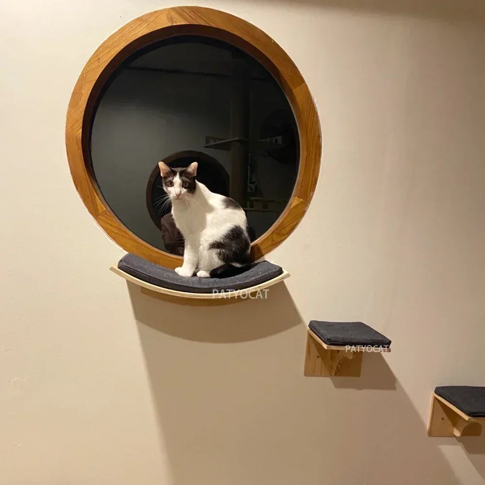 Wall-Mounted Cat Hammock Cat Climbing Stairs Solid Wood Cat Tree Tower Scratcher Rope Ladder Kitten House Indoor Cat Playground