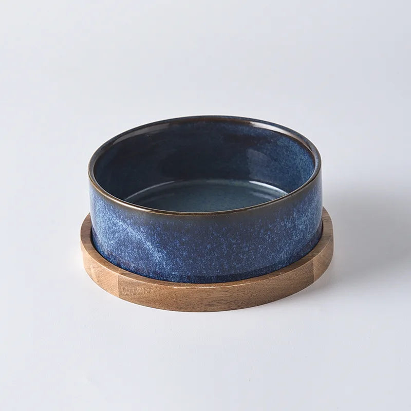 Dog Bowl Ceramic Matte Pet Bowl Cervical Spine Protector Anti Knock Over Wooden Tray Pet Feeding Supplies Cat Accessories - Bdba PK