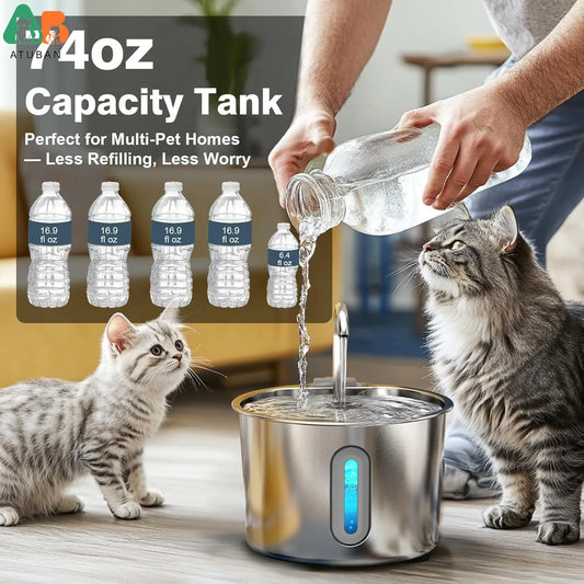 ATUBAN Cat Water Fountain ,74oz/2.2L Cat Fountain for Drinking - Pet Water Fountain Stainless Steel Quiet Water Bowl Dispenser - Bdba PK