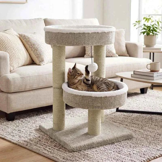 24" Cat Tower with 2 Plush Perches Scratching Posts and Dangling Ball-Beige