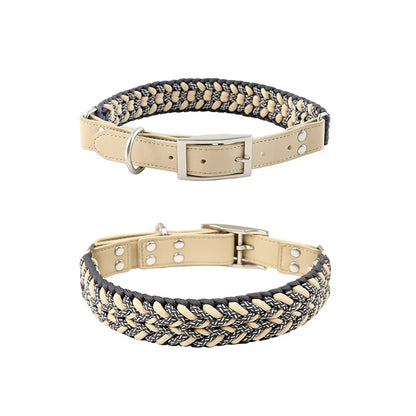 Hand-Knitted Leather Pet Collar Leash Set Multi-Colored Stripe Dog Collar Soft Adjustable Braided Dog Collar with Metal Buckle