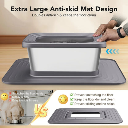 2.64gal Stainless Steel Dog Water Bowl, No Spill Anti-Splash Dog Bowls with XXL Mat, Spill-Proof Slow Feeder for Messy Drinkers, Heavy Duty Pet Bowls for Indoor/Outdoor Use, Black