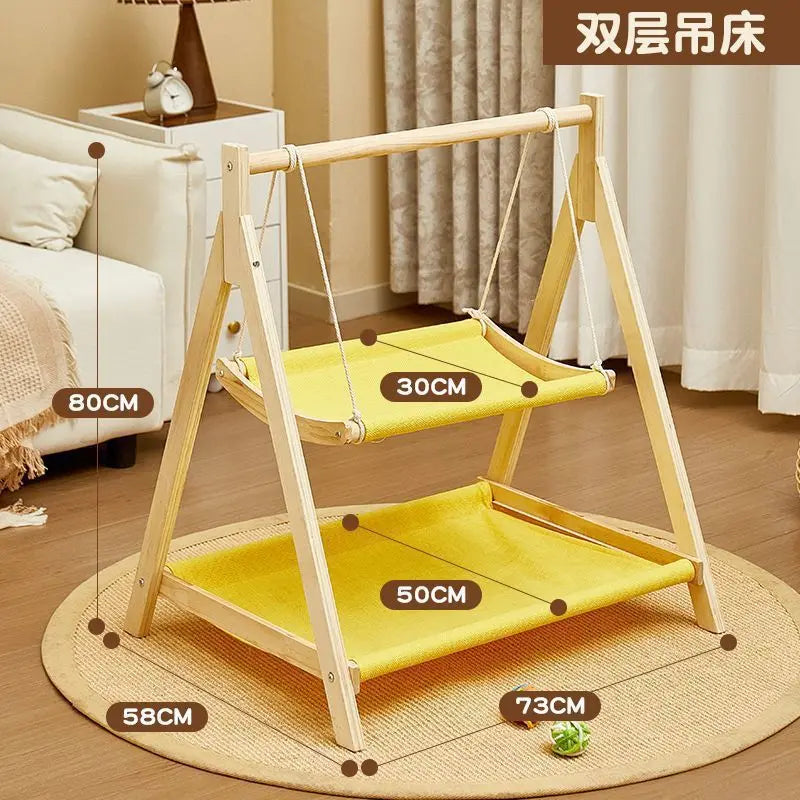 Double Layer Cat Hammock Bed with Wooden Frame All Season Pet Swing for Cats