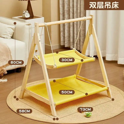 Double Layer Cat Hammock Bed with Wooden Frame All Season Pet Swing for Cats