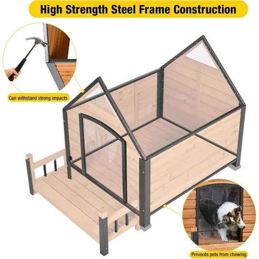Weatherproof Outdoor Dog House for Large Breeds – Wood & Anti-Chew Iron Frame - Bdba PK