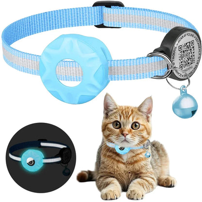 GPS Cat Collar with AirTag Holder, QR ID Tag & Bell – Reflective Anti-Lost Tracker Collar (Pink, Purple, Blue) - Bdba PK