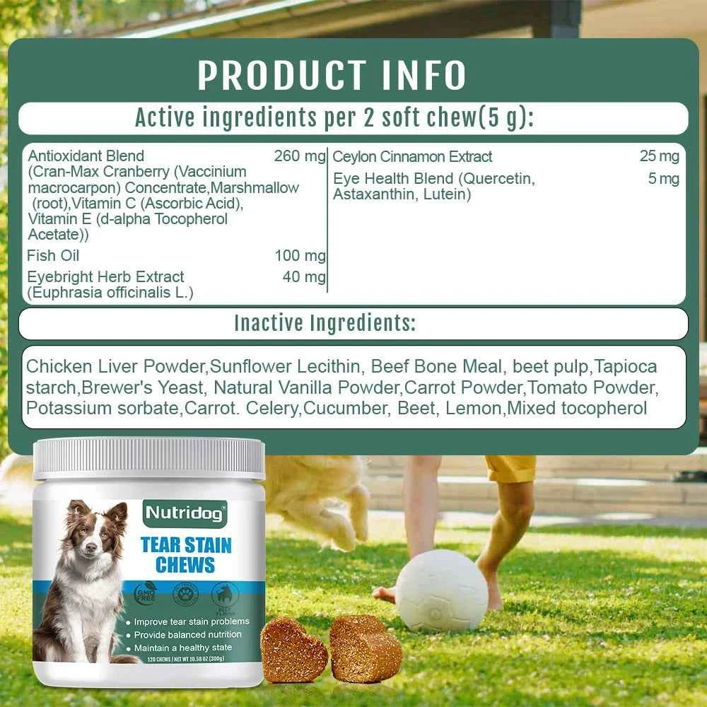 NUTRIDOG Dog Tear Stain Chews Cranberry Vitamins Omega-3 Improve Tear Stains Support Eye Health 120 PCS/Bottle