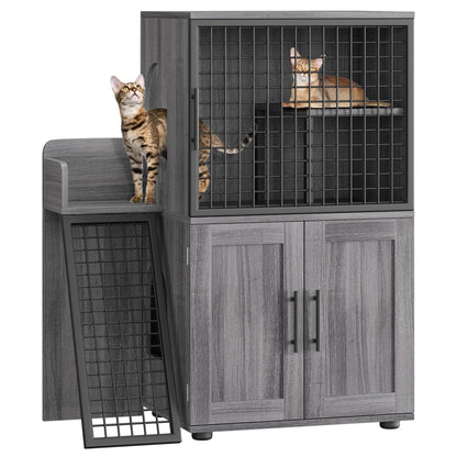 HiMISS Cat Litter Box Enclosure with Platform – Double Layer Hidden Furniture Washroom with Ladder - Bdba PK