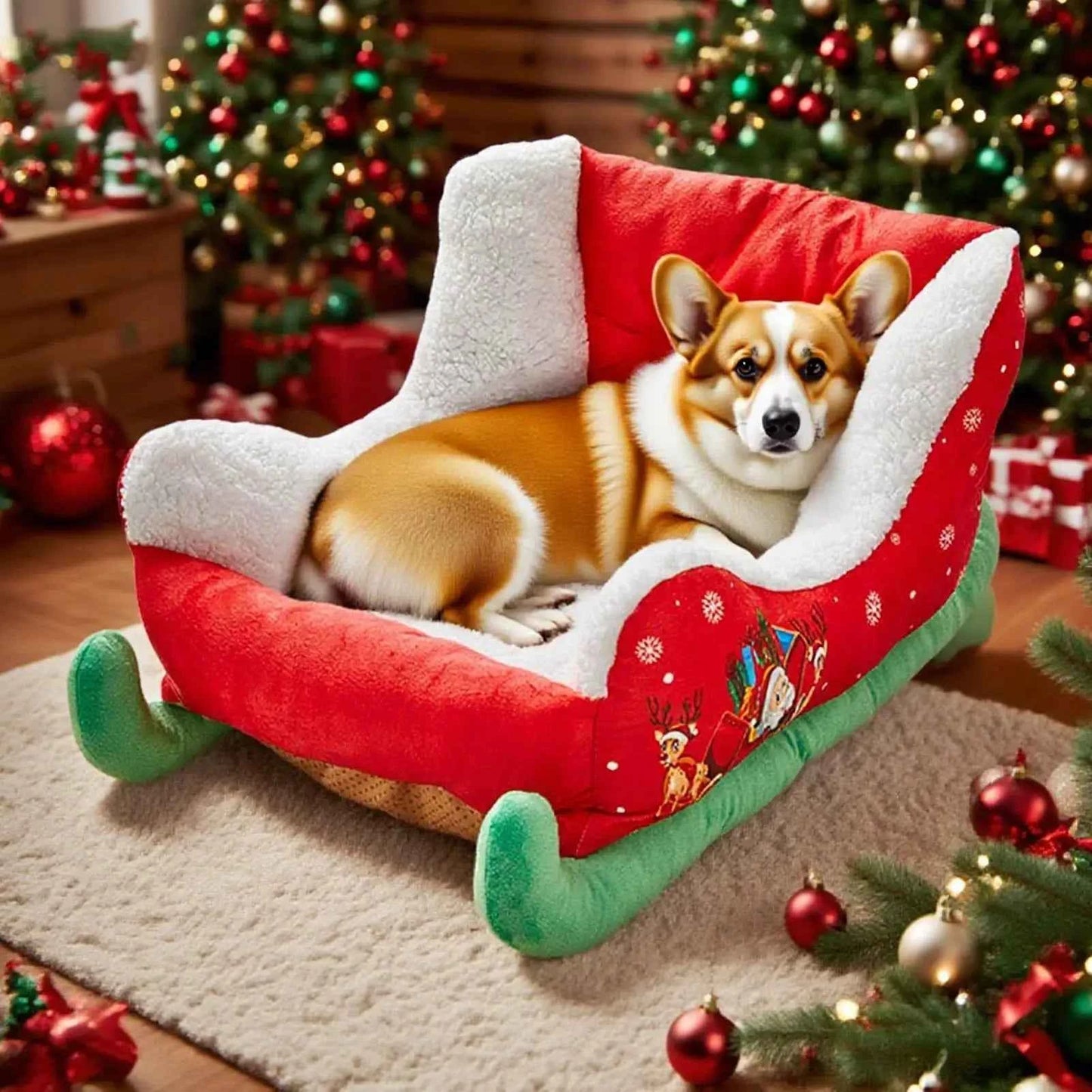 Christmas Sleigh Dog Bed Festive Plush Cozy Nest Insulated Winter Accessories Dog Houses Supplies Habitats Basket House Beds