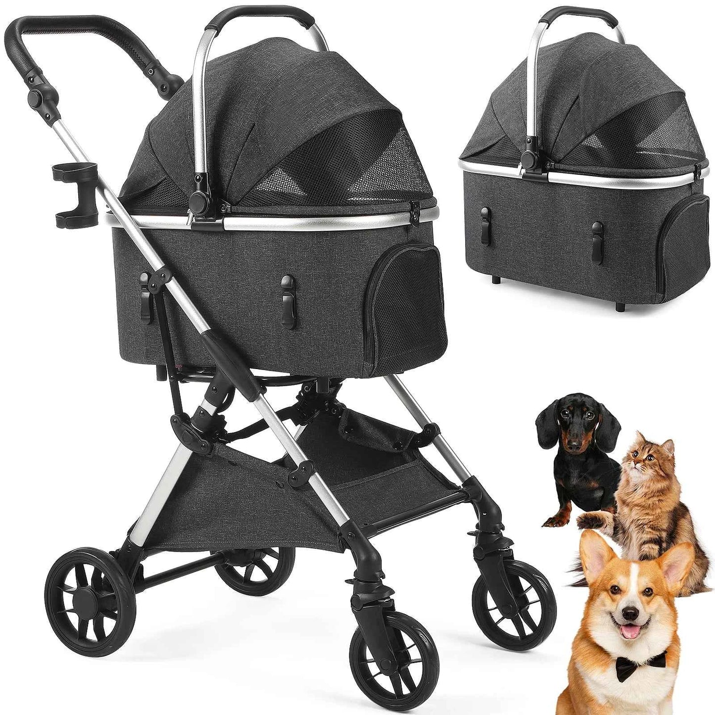 Portable Lightweight Pet Stroller for Medium Dogs - Smooth-Ride 4-in-1 Car Seat Combo with Detachable Carrier Rubber Wheels Quick-Folding for Seniors Cats